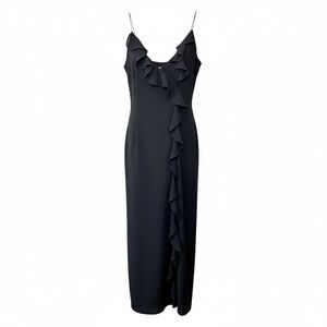 90s Papell Evening Ruffled Wrap Slip Dress Size 8 Black Spaghetti Strap Classic